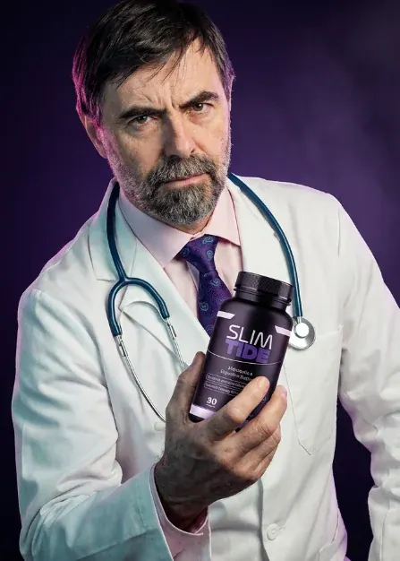 Manufacturer marketing photograph of a person in a white coat holding the product